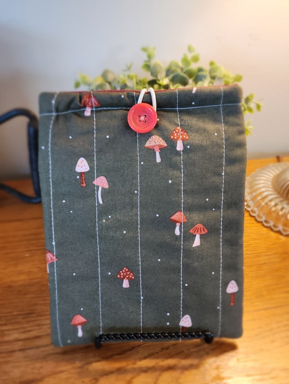Handmade Kindle Sleeve with Mushroom Print - Olive Green